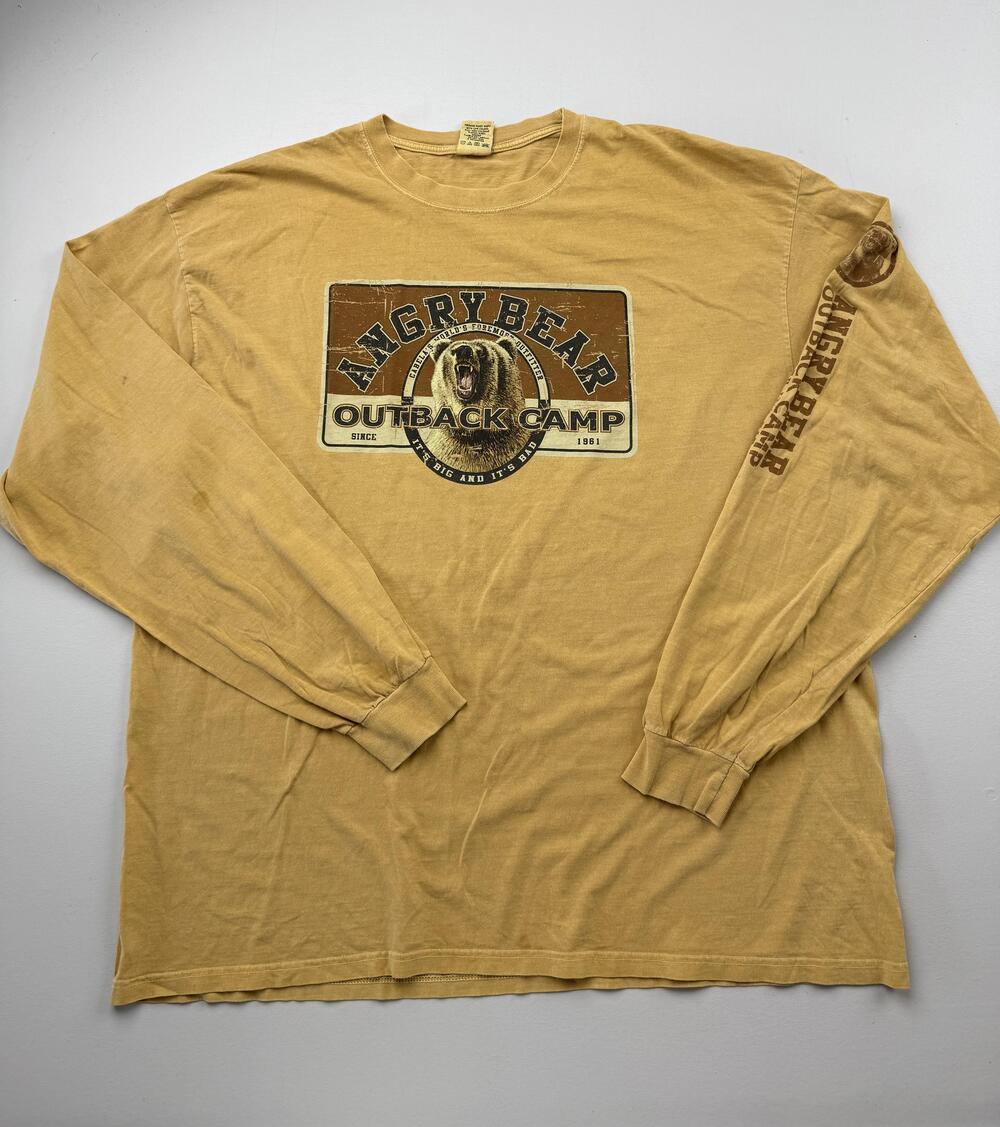 Cabela's Shirt Mens XL Beige Angry Bear Outback Camp Graphic Long Sleeve Tee